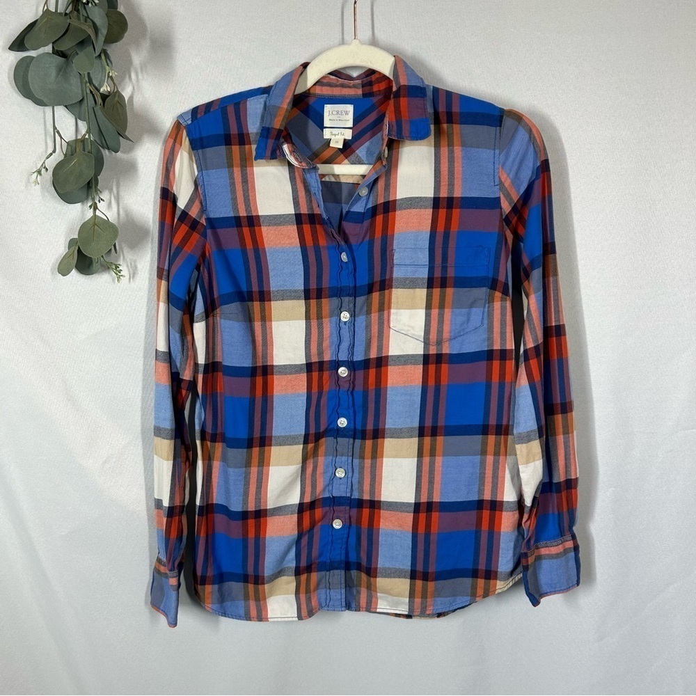 J Crew | Perfect Fit Plaid Flannel Button Down Blue White Orange Women’s Size XS